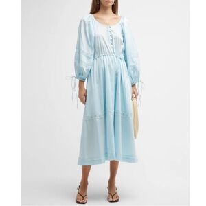 NEW Harshman Belle Balloon-Sleeve Cotton Midi-Dress in Light Blue